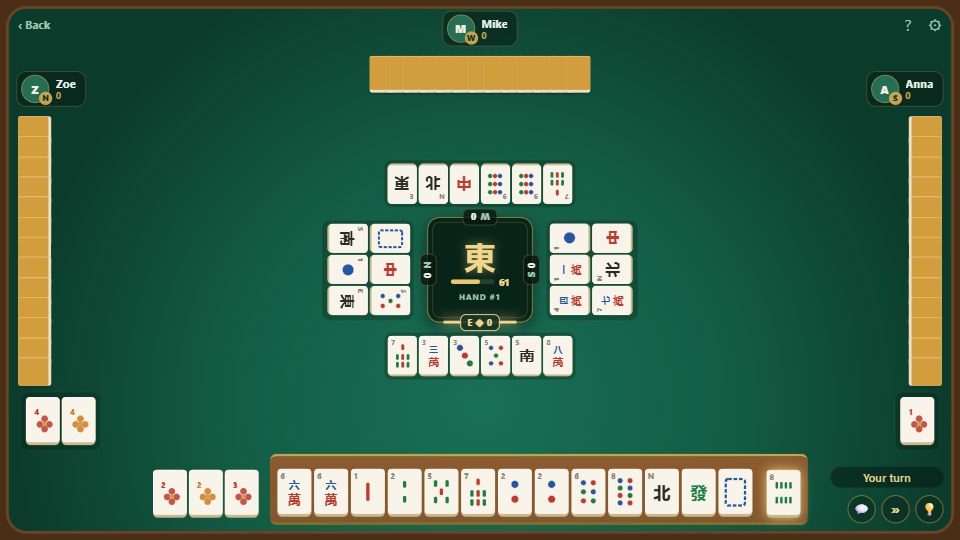 Mahjong Winds gameplay — a hand of tiles at a felt table