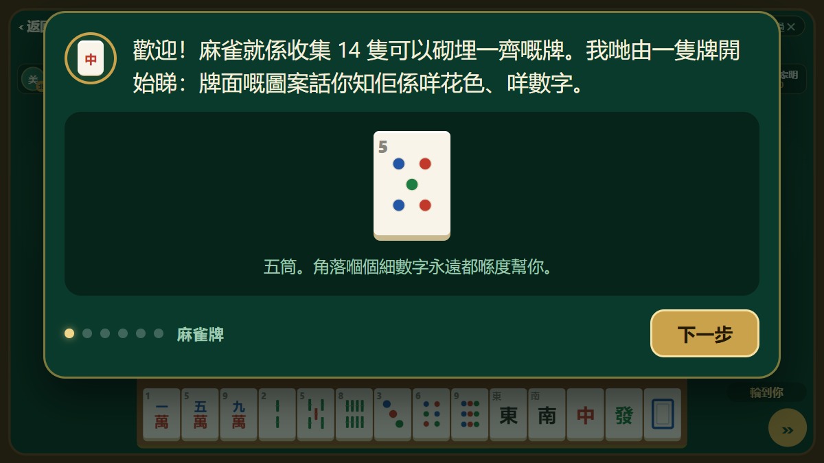The tutorial teaching a run: the thrown tile lit up and the Chow button ready